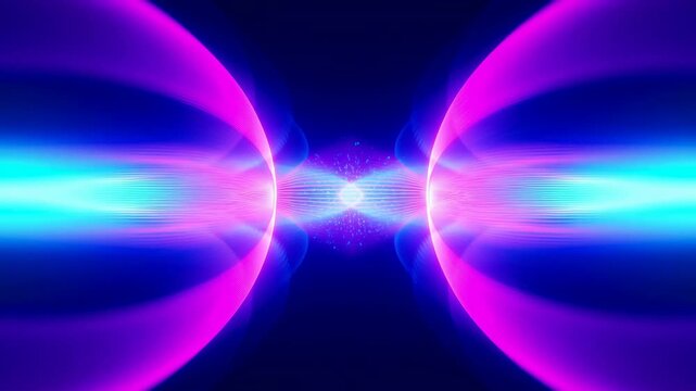 Mirrored neon energy shells converging toward bright center with cyan core, magenta arcs, dark navy background, glowing symmetry and sleek futuristic motion, with abstract, symmetry, neon, cyan detail