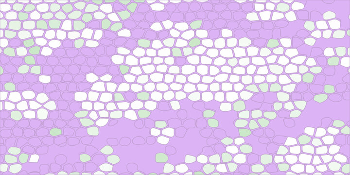 Abstract purple mosaic pattern with white and green cellular Voronoi tiles, pastel geometric background texture