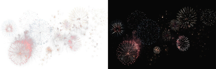 Fototapeta premium Abstract fireworks celebration 4th anniversary overlay, twin grand colourful firework sparkles bursts on black background wide banner, 4th of July, night sky fireworks explosion effect