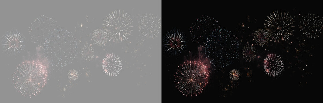 Abstract fireworks celebration 4th anniversary overlay, twin grand colourful firework sparkles bursts on black background wide banner, 4th of July, night sky fireworks explosion effect