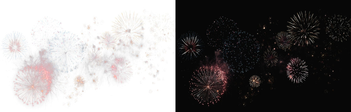 Abstract fireworks celebration 4th anniversary overlay, twin grand colourful firework sparkles bursts on black background wide banner, 4th of July, night sky fireworks explosion effect