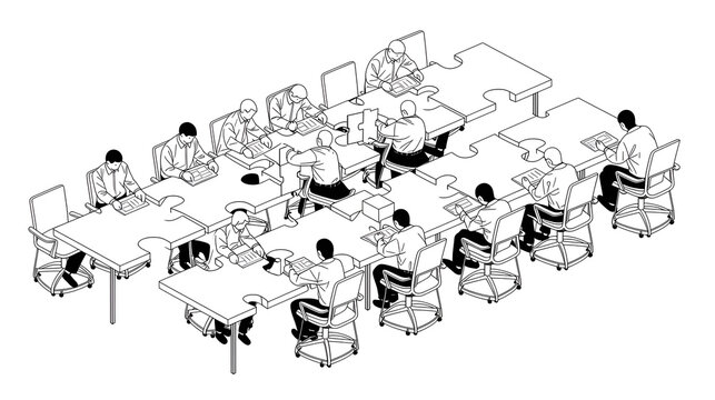 ジグソーパズル型の長いデスクを囲んで仕事をするチームを描いた、アイソメトリック（等角投影法）のミニマルなモノクロ線画イラスト素材