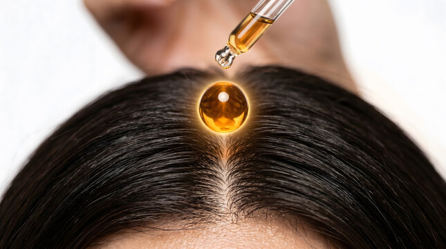 Golden oil drop falling from dropper onto dark hair scalp parting