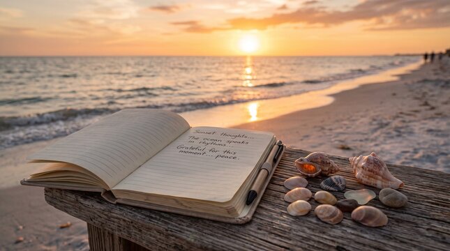 Open notebook with handwritten notes and seashells by the beach at sunset  