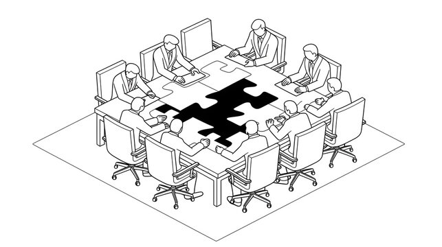 ジグソーパズルのように組み合わさる会議用デスクを囲むビジネスチームを描いた、アイソメトリックのミニマルなモノクロ線画イラスト素材