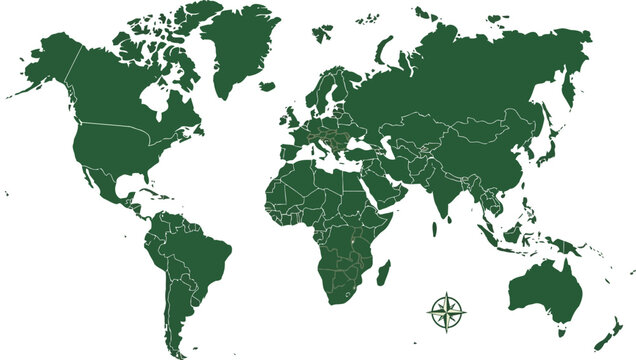 Detailed world map vector illustration featuring dark green continents and a stylish compass rose isolated on a clean white background
