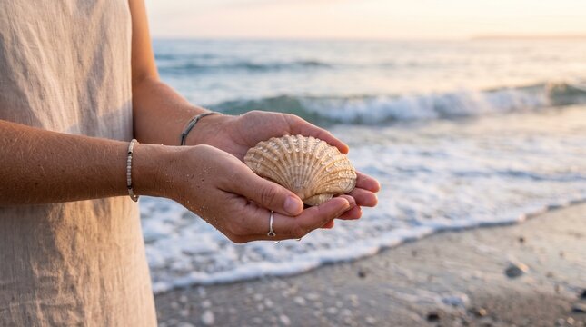Woman holding seashell at the beach during sunset  