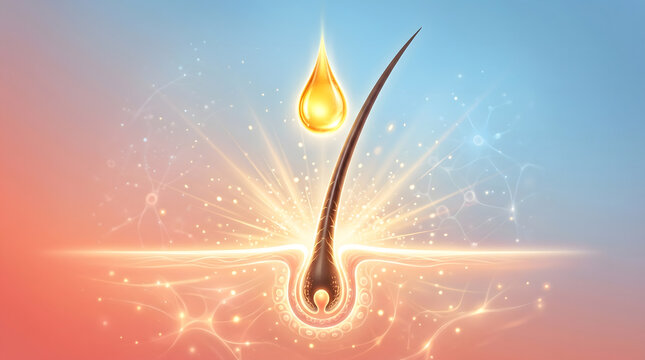 Illuminated hair follicle anatomy with golden serum drop glowing above root structure