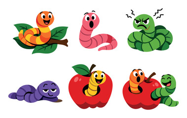 Naklejka premium Earthworm and caterpillar characters display various moods and activities, ideal for children’s designs