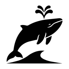 Fototapeta premium Minimalist black silhouette icon of a whale breaching with a water plume isolated on a white background, marine life and wildlife concept