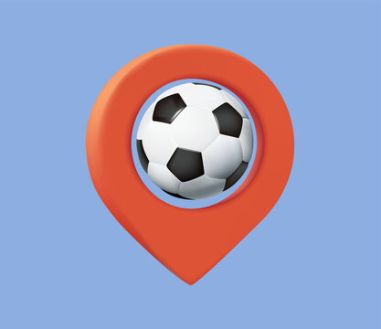 Soccer ball location pin 3D vector icon combining football, maps and navigation concepts. Ideal sports venues, stadium