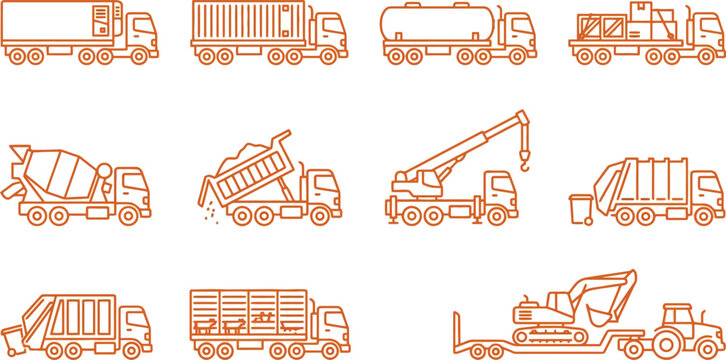Detailed heavy logistics and industrial fleet vehicle line icons for construction site tasks