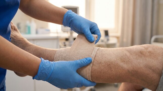Nurse Applying Compression Bandage to Lower Leg for Venous Insufficiency Treatment