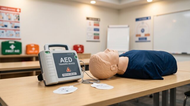 AED Training Setup With CPR Manikin and Defibrillator Trainer in First Aid Classroom