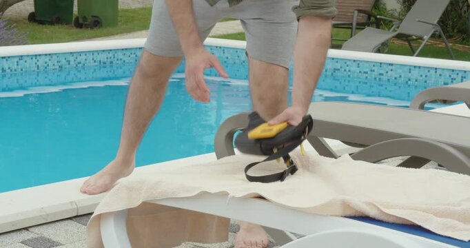 scene at a hotel pool where unattended belongings are vulnerable to theft. Highlights travel safety, personal security, and the risk of valuables being stolen during vacation.