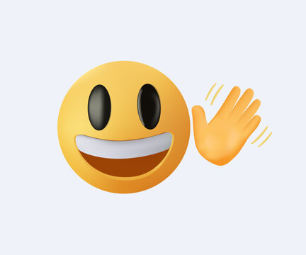 Happy emoji character waving a big smile. Friendly emoticon illustration representing hi, hello, positivity, greeting