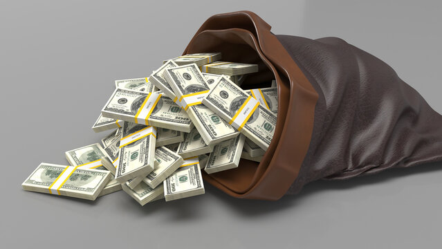 Bundles of one hundred us dollar banknotes spilling out of a leather sack on a grey background