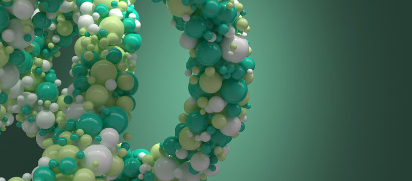 Abstract torus shape made of vibrant green, mint and white spheres on a green background