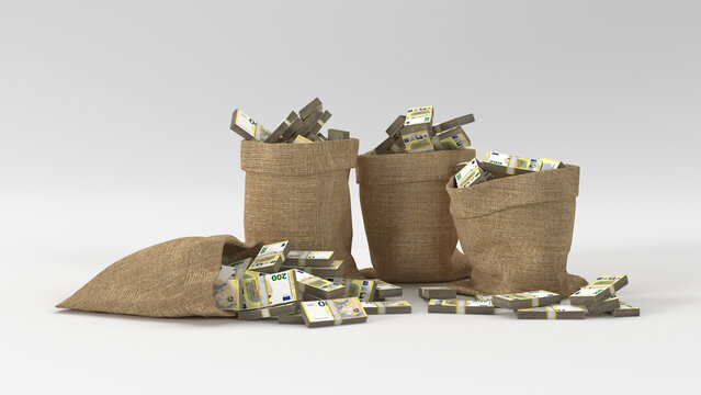Sacks full of 200 Euro bill bundles on white background