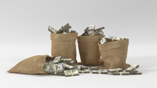 Sacks full of 100 US Dollar bill bundles on white background