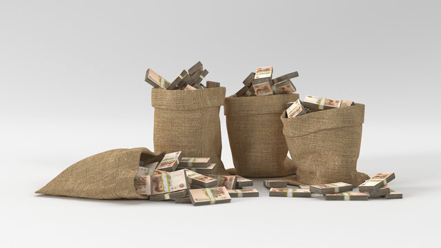 Sacks full of 20 Yuan bill bundles on white background
