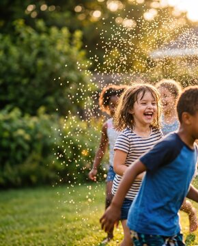 Happy Children Playing with Water Sprinkler in Summer Garden