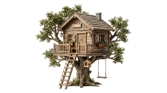 Wooden treehouse with a ladder and swing, isolated on transparent background