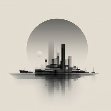 A minimalist digital graphic depicts a geometric metropolis reflecting onto water against a massive, gradient circular sun