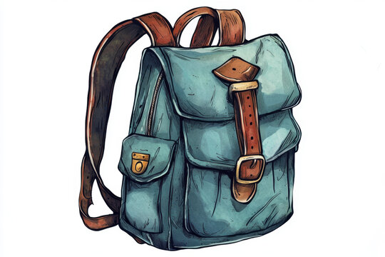 Vintage Canvas Backpack - A detailed ink and watercolor illustration depicts a rustic teal blue knapsack featuring brown leather straps and metallic brass buckles isolated against a white background