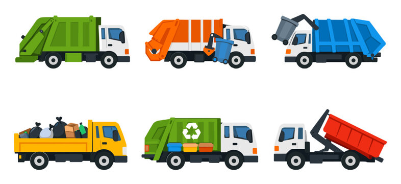 Garbage trucks and waste collection vehicles presenting various models and functions of an urban municipal sanitation service