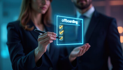 Fototapeta na wymiar HR manager completes holographic offboarding checklist for departing employee. Digital interface shows exit process tasks checked off with pen. Future business HR workflow.