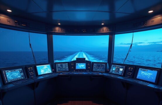 Ship bridge at night sailing ocean voyage. Control panel screens show navigation data. Modern vessel travels through deep blue sea. Captain steers ship toward horizon.