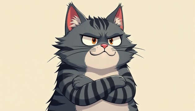 Grumpy cartoon cat stands with arms crossed. Tabby feline has an annoyed expression. Domestic animal art shows attitude. Digital illustration for humor or pet themes.
