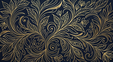 Intricate golden floral pattern with flowers and leaves on dark background © Saharia