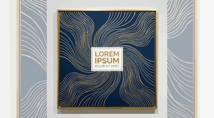 Abstract luxury background with gold flowing lines on dark blue, elegant square frame design for invitation, greeting card or banner template © Saharia