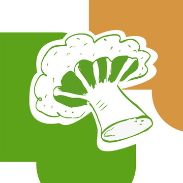 Broccoli logo vector illustration. Creative organic vegetable emblem with hand drawn line art, green and ochre geometric shapes