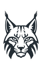 Fototapeta premium Stylized lynx head mascot with pointed ear tufts and geometric fur markings in bold black and white flat graphic design, sports team logo concept