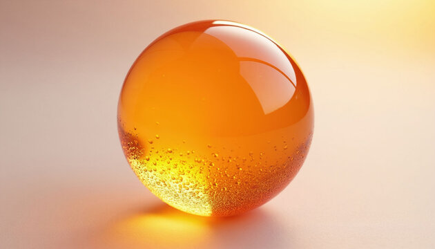 Orange astaxanthin liposome gel sphere with tiny bubbles inside. Shiny translucent orb with smooth surface reflects soft light. Minimalist background shows its vibrant texture.