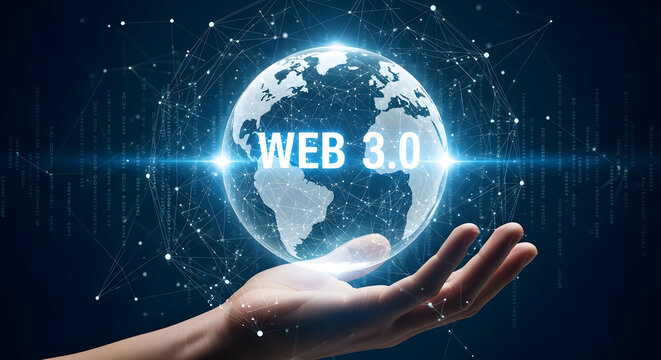  Web 3.0 Technology Concept with Glowing Digital Globe and Data Network, Global Connectivity and Decentralized Internet Evolution