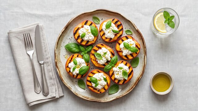 Pesche grigliate con burrata e basilico: un antipasto gourmet estivo. Generative AI 