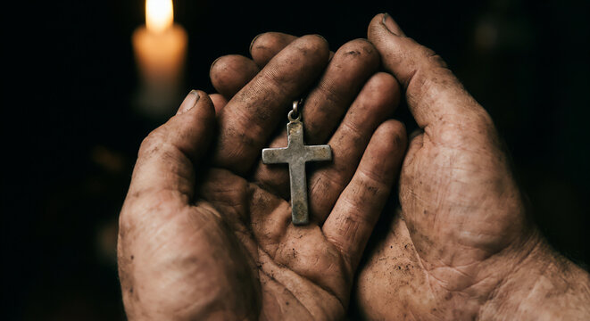 Close up of dirty calloused hands of a hard worker holding a metal Christian cross with a glowing candle in a dark background