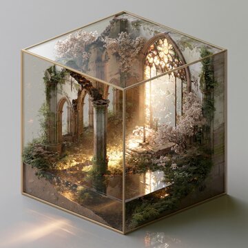 A dreamlike isometric cube diorama of a tundra-steppe inspired ruin collapsed into a derelict cathedral interior, with shattered stained glass, mossy columns, and blooming cherry blossoms, bathed in