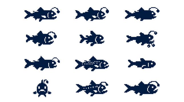 Assorted blue pixel art anglerfish sprites.