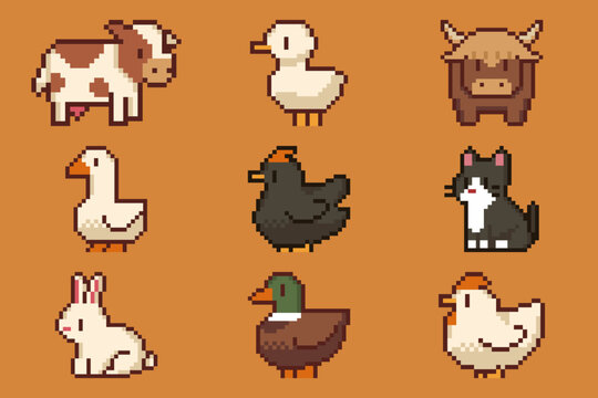 Collection of farm animal pixel art icons including cow goose cat and rabbit with collection character vector illustration domestic creature livestock minimalist background colorful creative