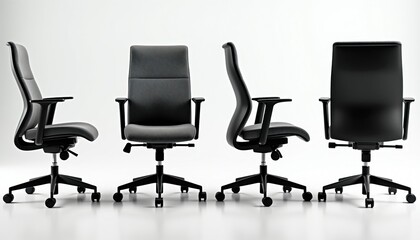 Obraz premium Four grey ergonomic office chairs shown from different angles. Modern design furniture for comfortable work. Ideal for business and home office spaces.