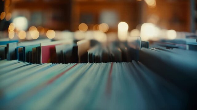 Slow glide across upright record sleeves in warm shop interior, with soft bokeh lights and shallow depth revealing rows of worn paper covers and muted retro texture