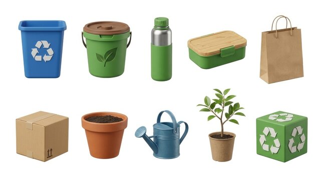 3d eco friendly household items and recycling symbols