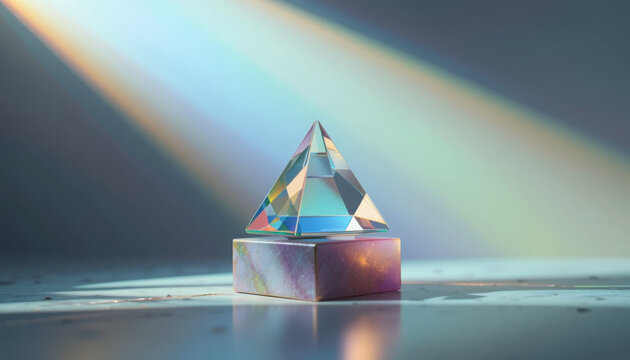 A crystal pyramid sits on a square base with light rays shining on it on transparent background