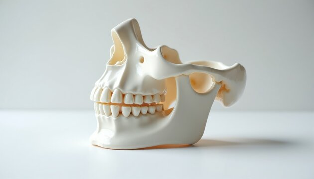 Close-up of a human jaw bone dental model with teeth clearly visible. Anatomical study of the maxilla and mandible. Medical science education tool for dentistry students.