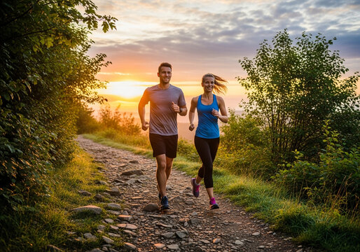 young couple running on dirt trail, outdoor fitness, jogging at sunrise, athletic pair 4k, Premium Quality,